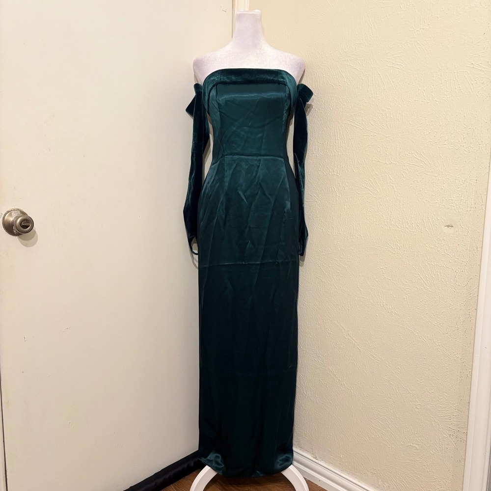 Vintage Jessica McClintock Gunne Sax Strapless Green Satin Velvet Gown Gloves